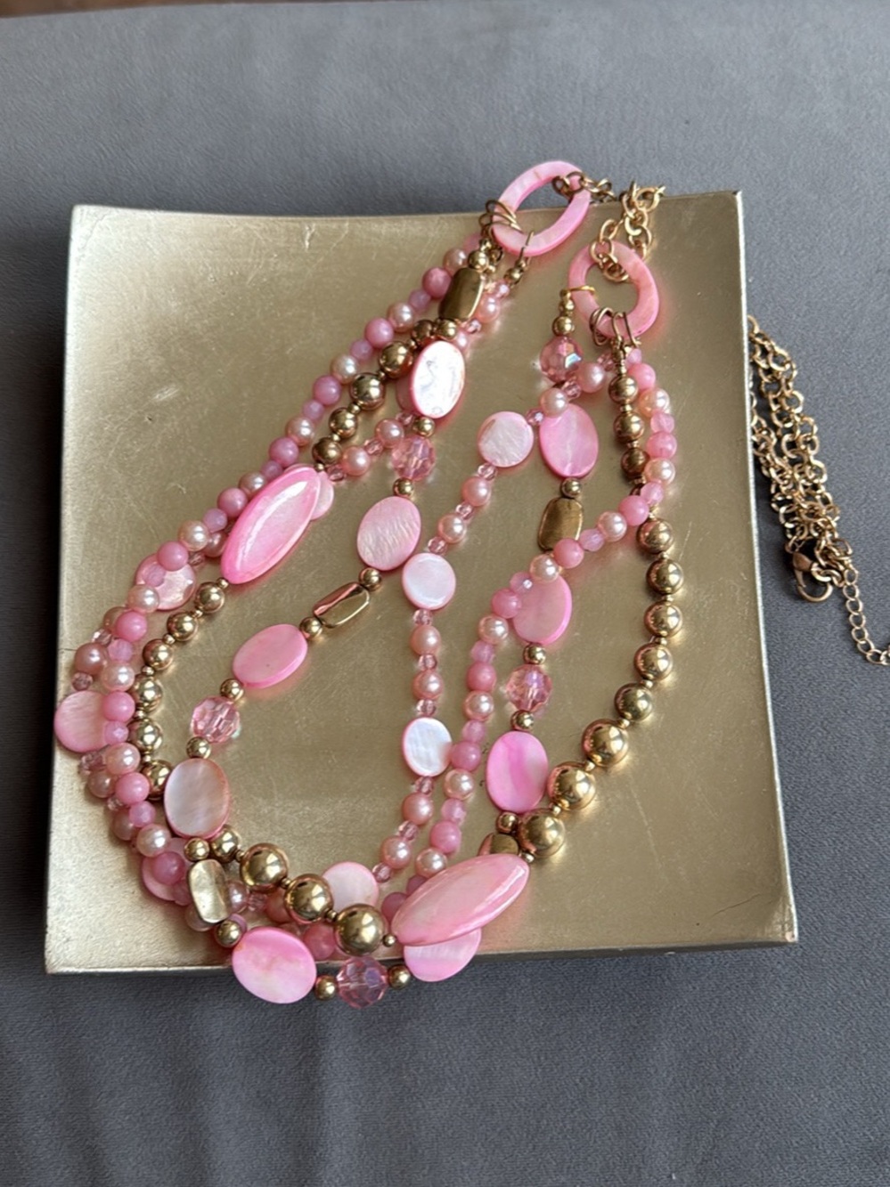 Y2K Multi-Strand Pink Beaded Necklace Gold Accents Chunky Mermaidcore Fashion